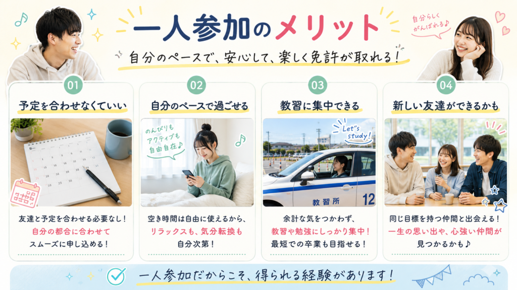 合宿免許に一人参加することで得られる、スケジュール調整のしやすさや自由時間などのメリットをまとめた図解