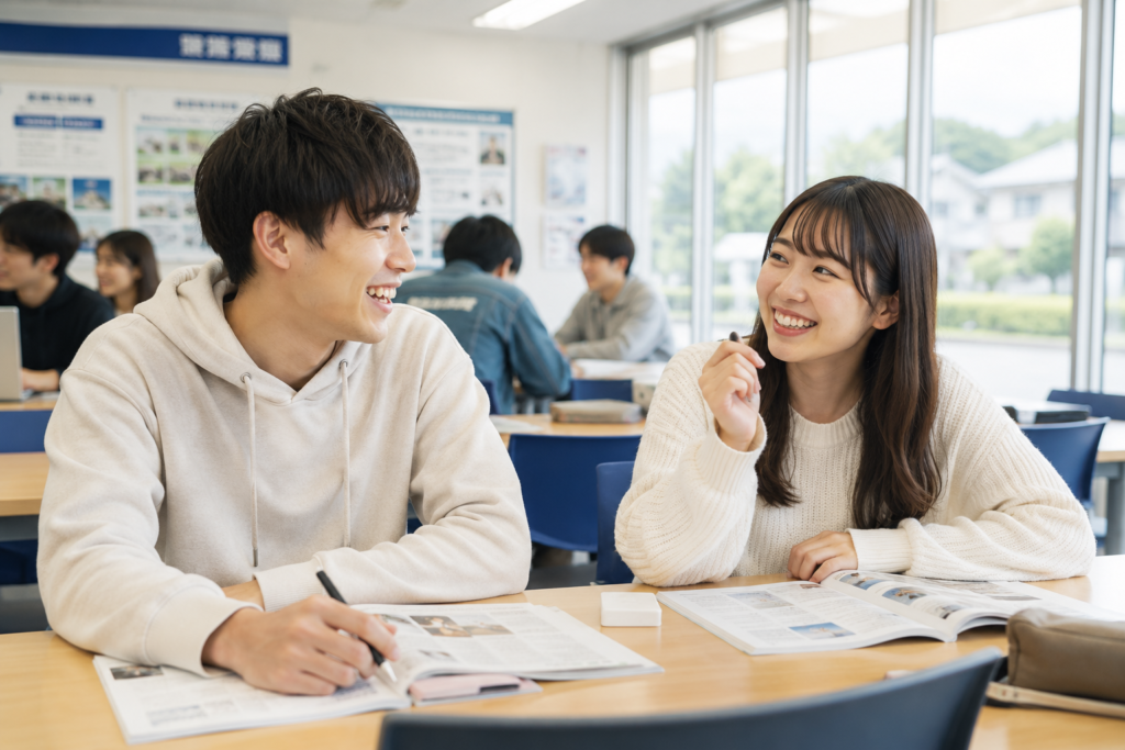 合宿免許で出会った新しい友人と楽しそうに談笑する教習生