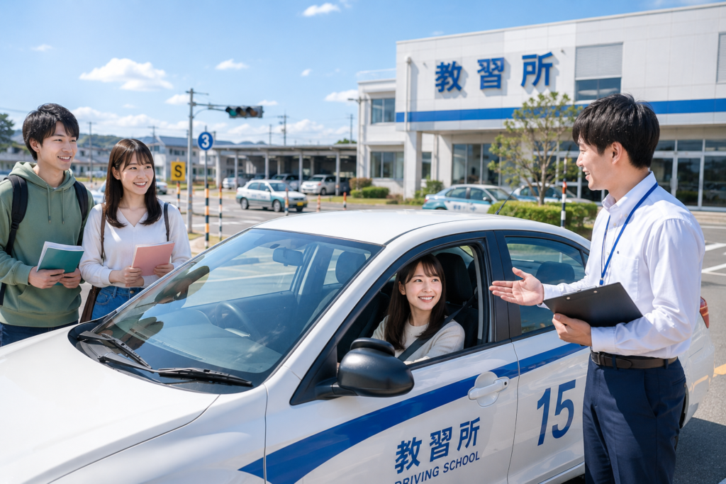 合宿免許の教習所で教習車を運転している様子とコースの風景