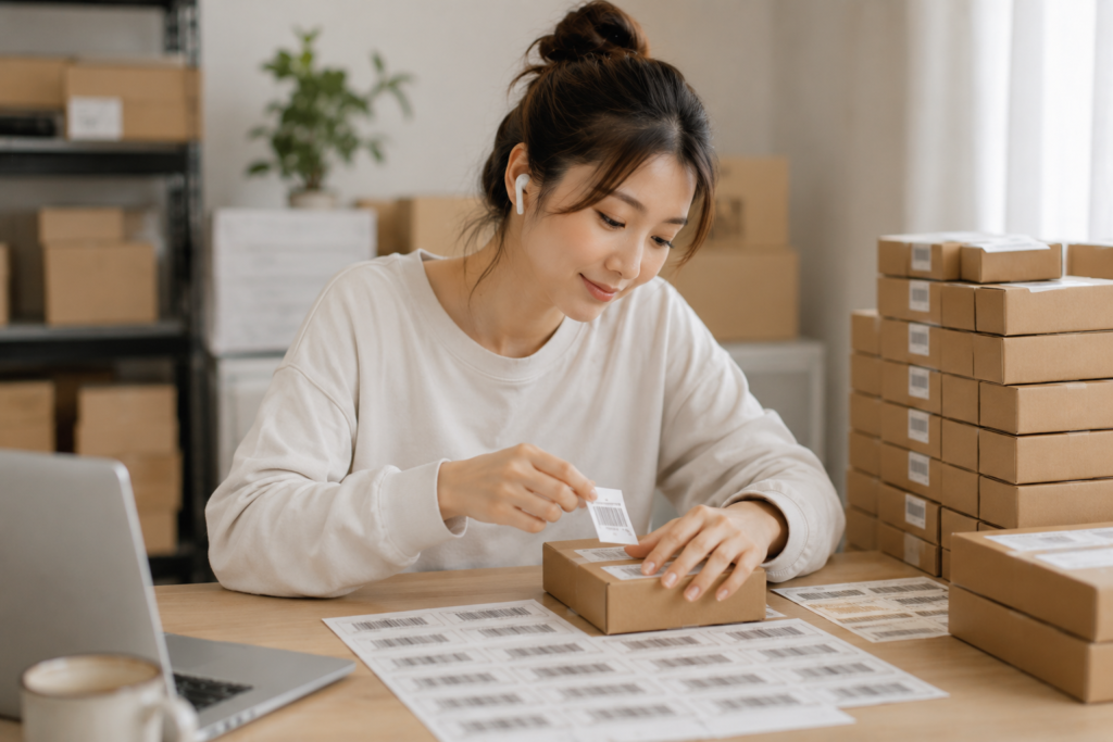 Amazon物販のFBA納品に向け、自宅で黙々と商品にバーコードラベルを貼っている様子。