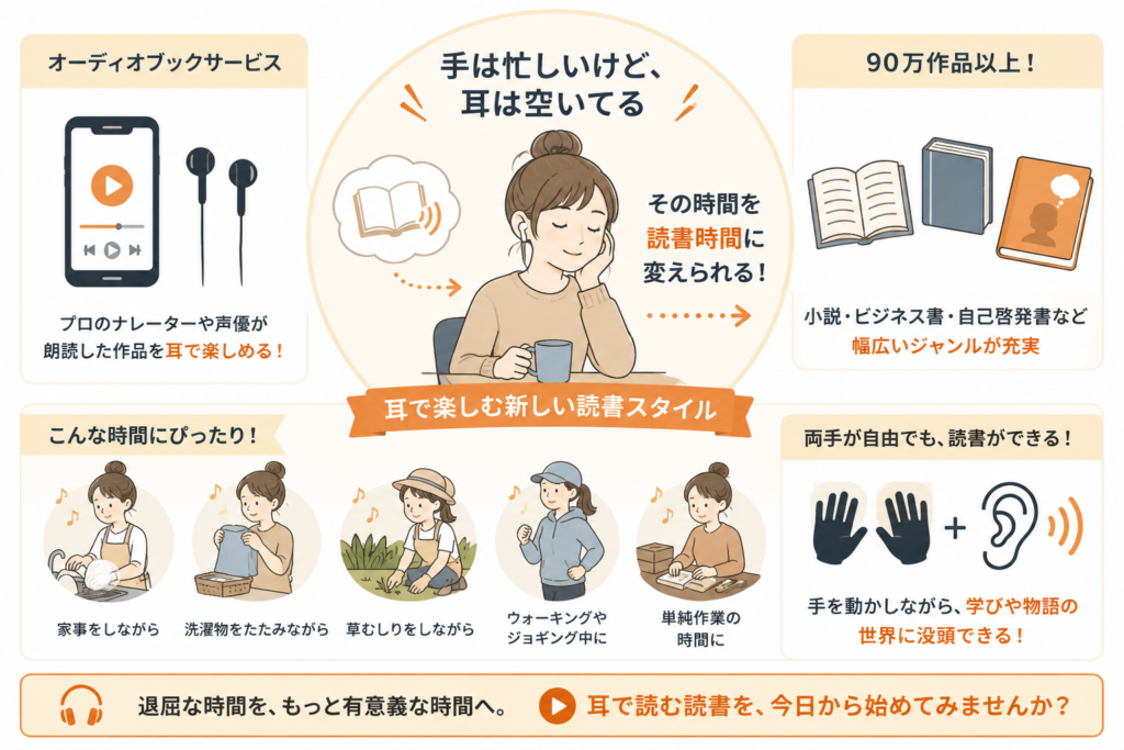 家事や単純作業中など、手は忙しいけれど耳が空いている時間に、Audibleで読書や学びを楽しめる仕組みの図解。