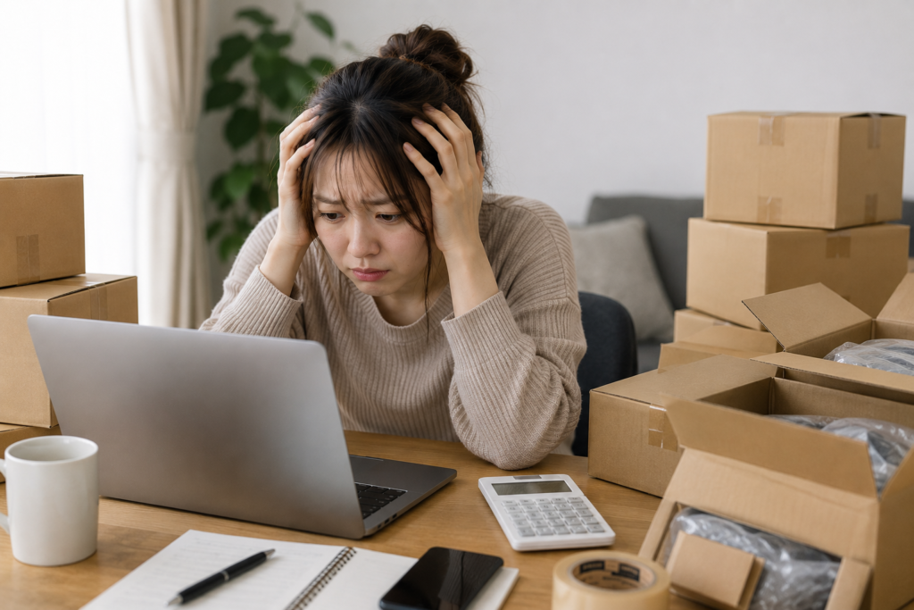 中国輸入ビジネスのトラブルや在庫管理で悩み、疲労困憊している女性の様子。