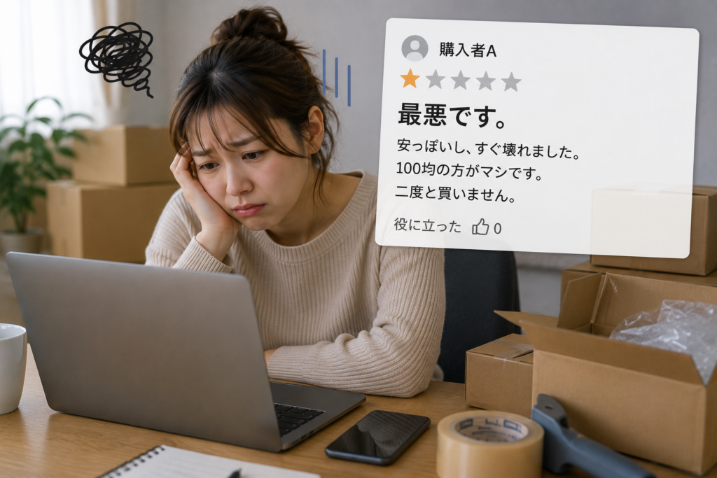 中国輸入ビジネスで低評価のレビューを受け取り、ショックを受けている女性物販プレイヤー。