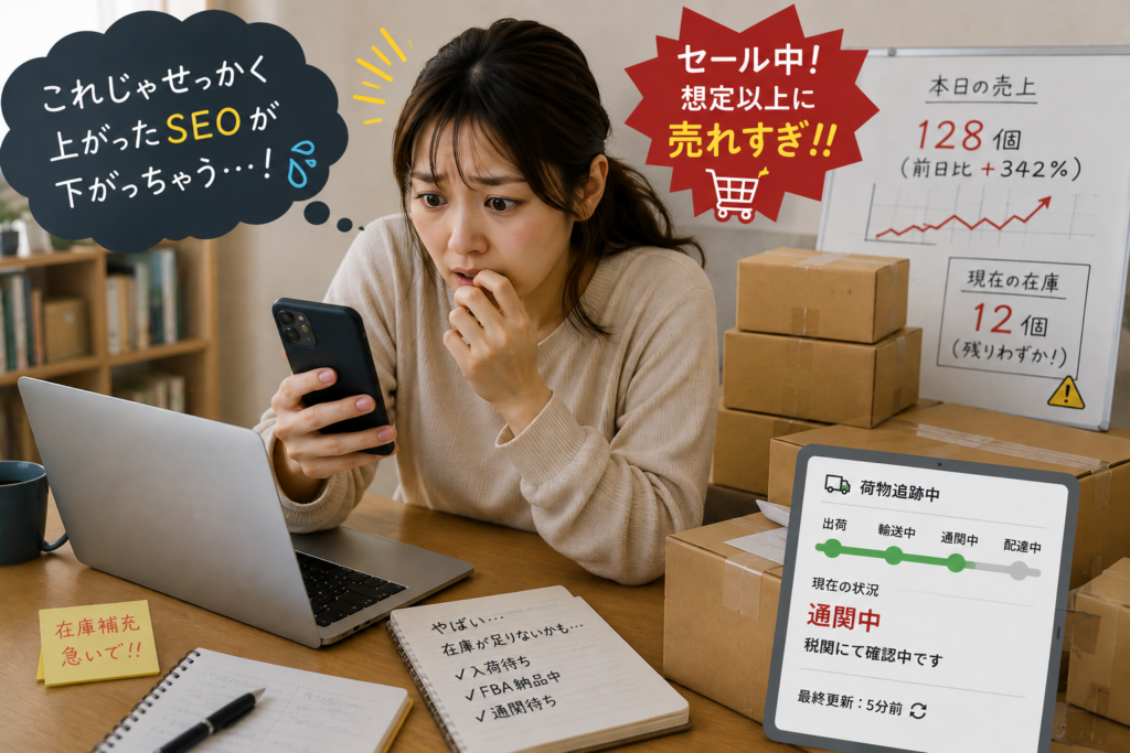 在庫切れと物流トラブルで焦る中国輸入物販の女性。売れすぎてSEO順位低下を恐れる様子。
