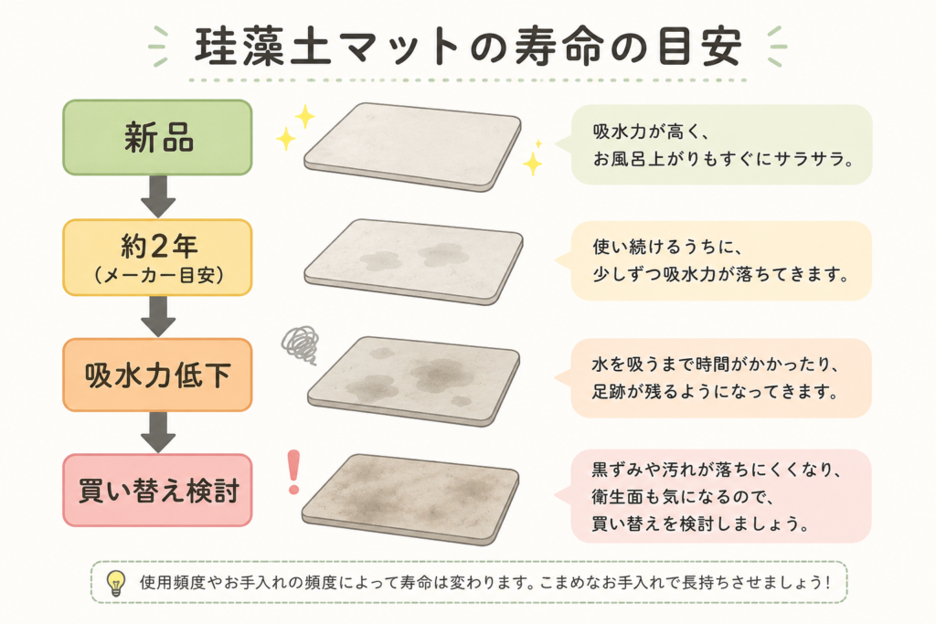 珪藻土マットの寿命の目安（メーカー推奨約2年）と、新品から吸水力低下・黒ずみによる買い替え検討までの流れを解説した図解イラスト