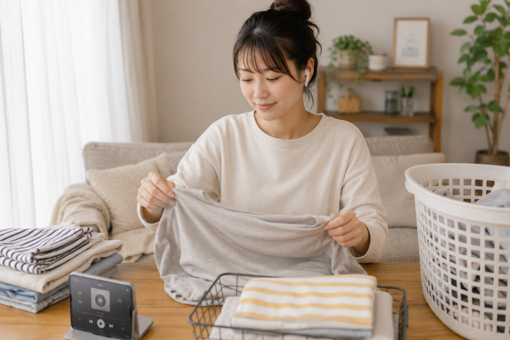 洗濯物をたたみながら、ワイヤレスイヤホンでオーディオブックを聴いて家事を充実させている女性。