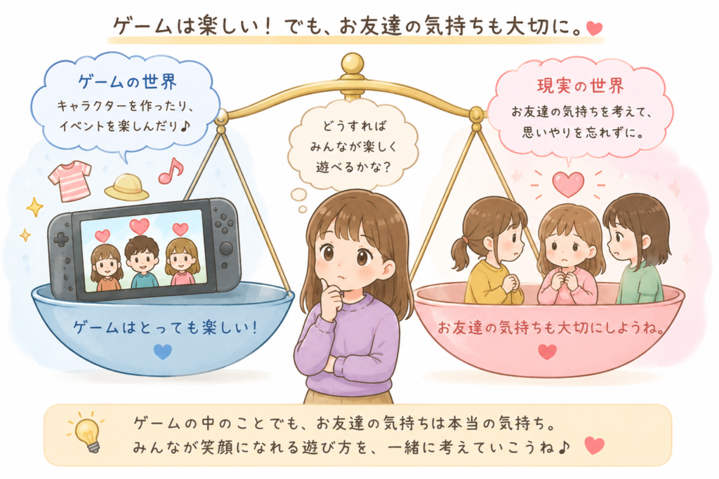 パワフルで楽しいゲームの世界と、現実の大切な友達という二つの要素をバランスよく考えるイメージ