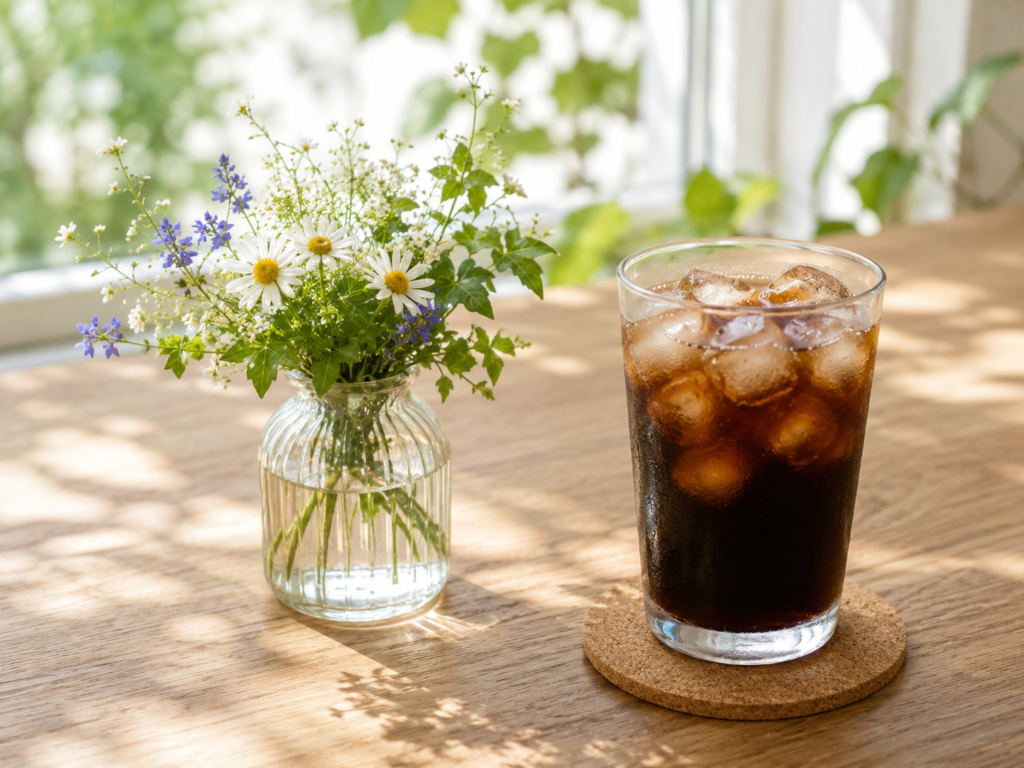 庭で摘んだ花を飾った小さなガラス瓶と、アイスコーヒー。おうちカフェに彩りを添えるナチュラルな空間。