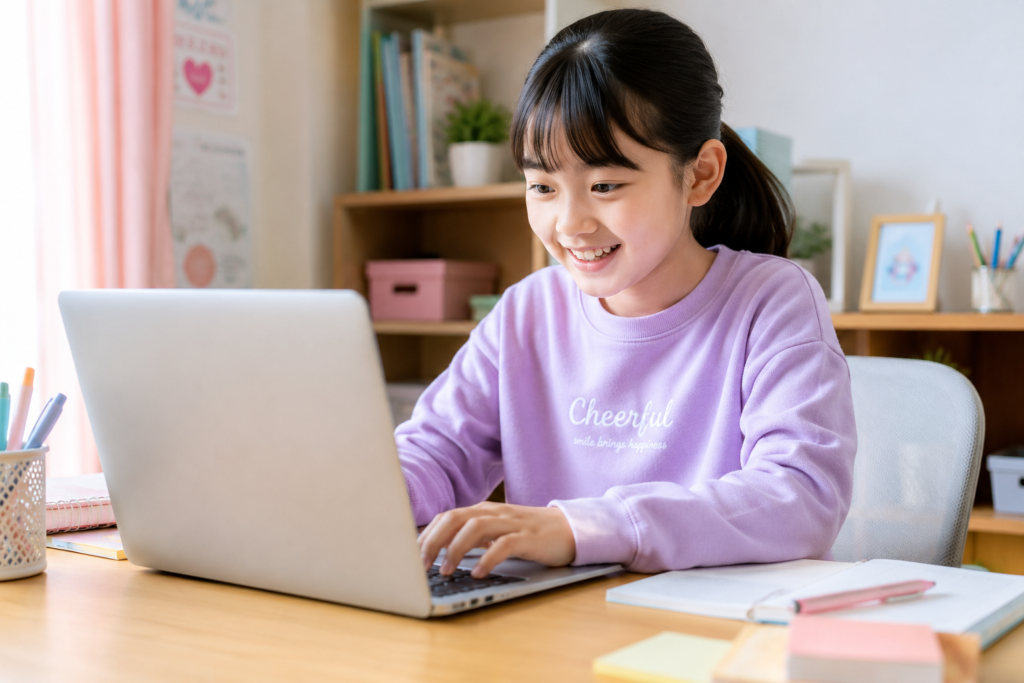 パソコン画面を見ながら笑顔で楽しそうにプログラミングを学ぶ女の子