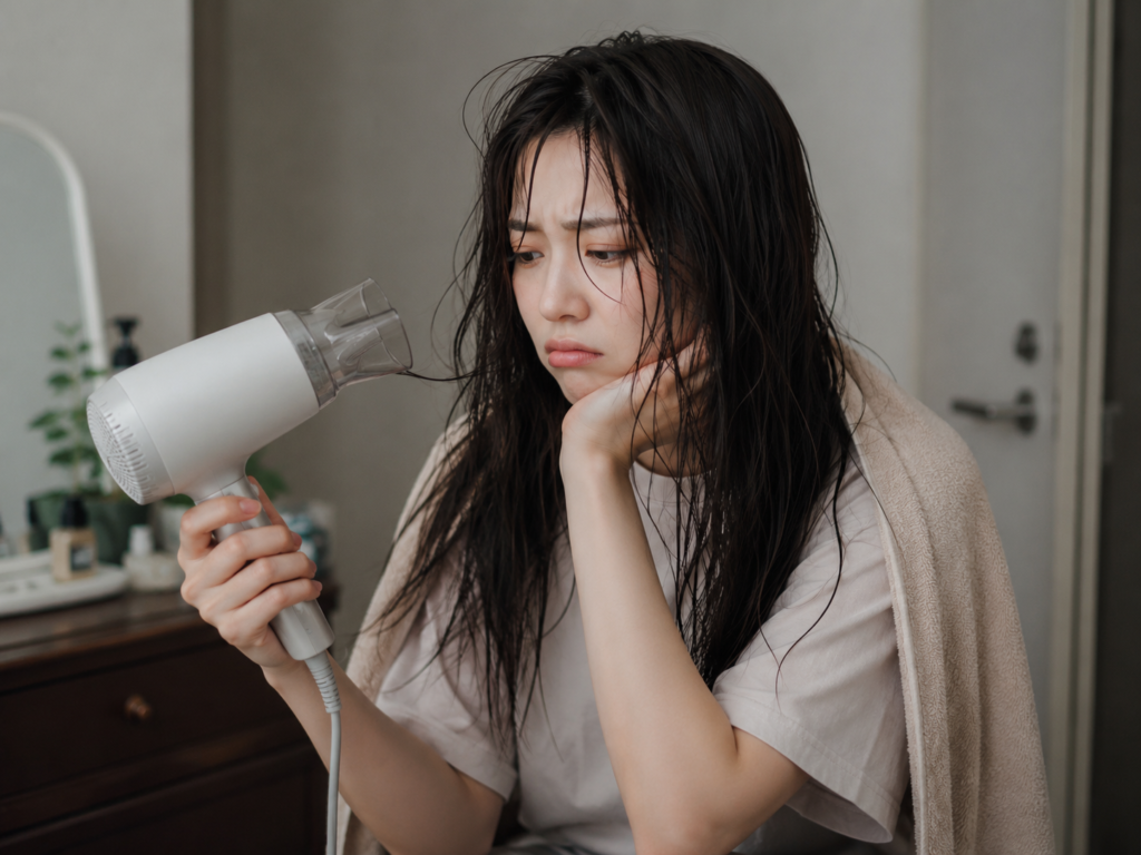 ドライヤーの時間が苦痛で憂うつそうな女性
