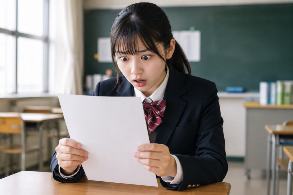 数学のテストで5点という低い点数を取り、ショックを受ける女子高校生。