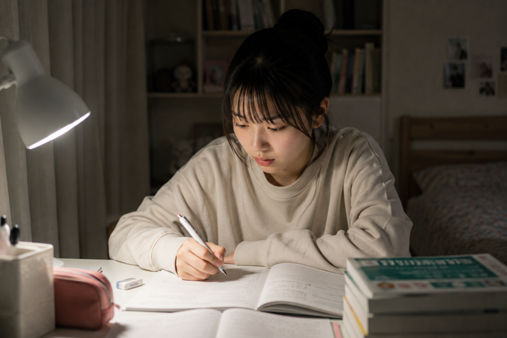 自宅の自室で、夜遅い時間に机に向かって熱心に勉強する女子高校生。卓上スタンドの明かりが灯る。