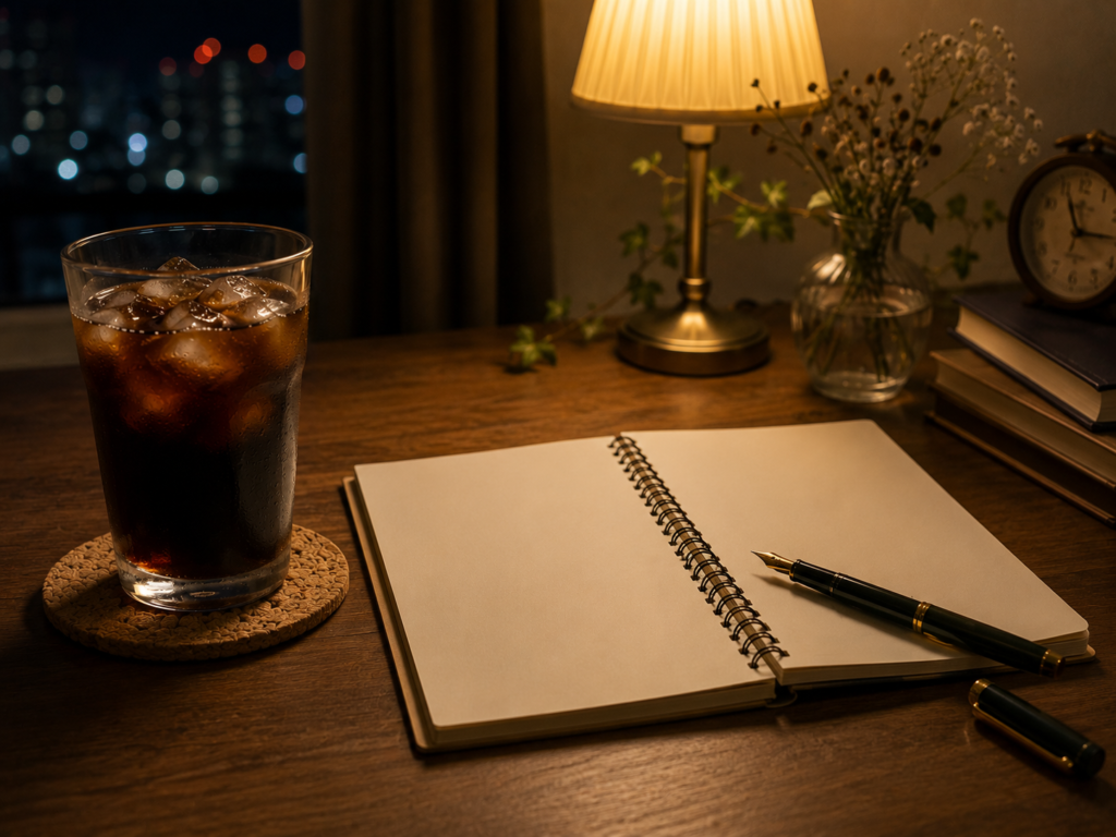 アイスコーヒーと、開かれたノート、お気に入りのペン。思考を整理するおうちカフェの時間。