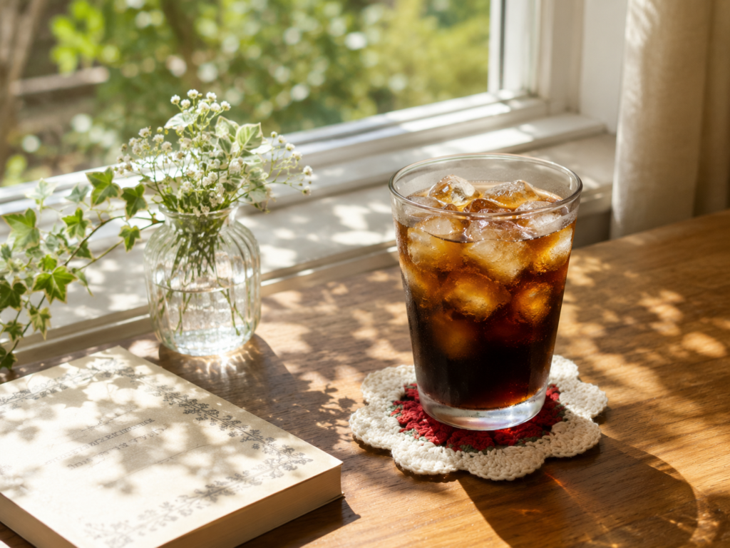 窓際で差し込む光を浴びながらテーブルに置かれたアイスコーヒー。爽やかなおうちカフェの朝。