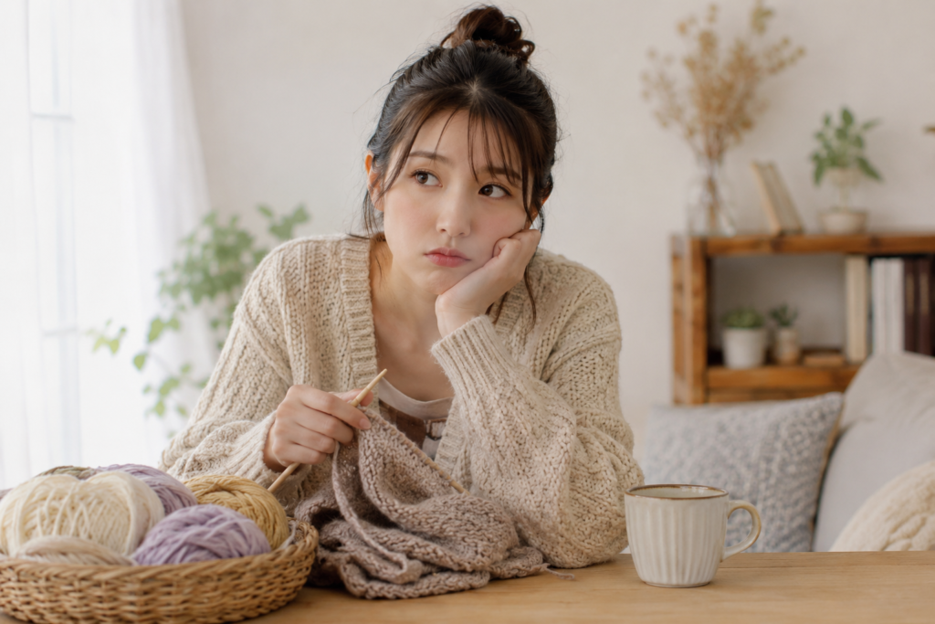 編み物をしながら単純作業の退屈さを感じている女性。耳は空いている様子。