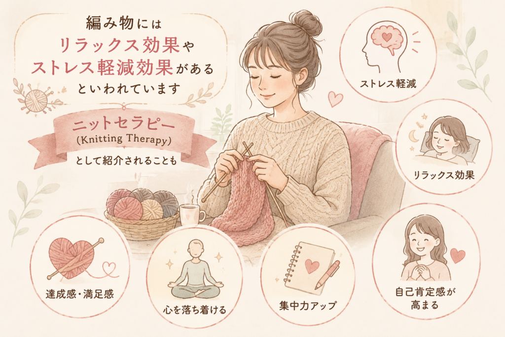 編み物のリラックス効果やストレス軽減効果、ニットセラピーの効能（集中力アップや自己肯定感の向上）を解説した図解。