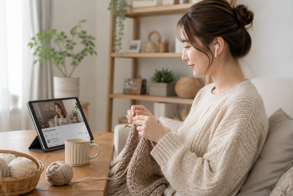 ワイヤレスイヤホンをつけてYouTubeを聞きながら、リラックスした様子で編み物を楽しむ女性。