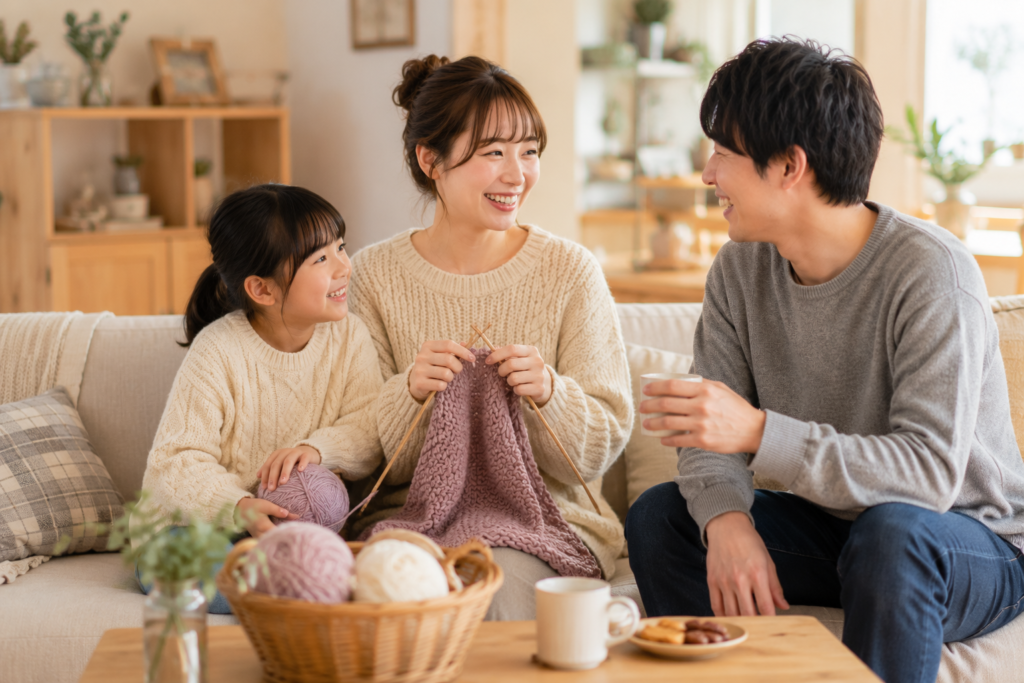 リビングで家族と笑顔で会話を楽しみながら、リラックスした様子で編み物をしている女性。
