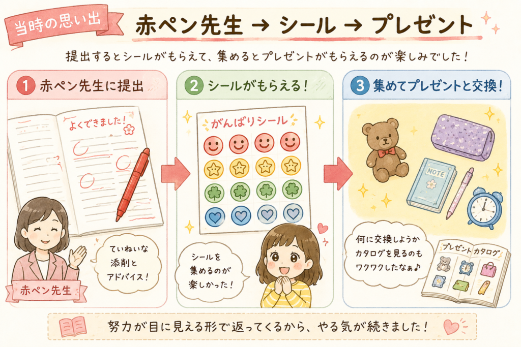 進研ゼミの赤ペン先生を提出してシールを集め、プレゼントをもらうという達成感のサイクルを図解。子どもの学習意欲が継続する仕組み。