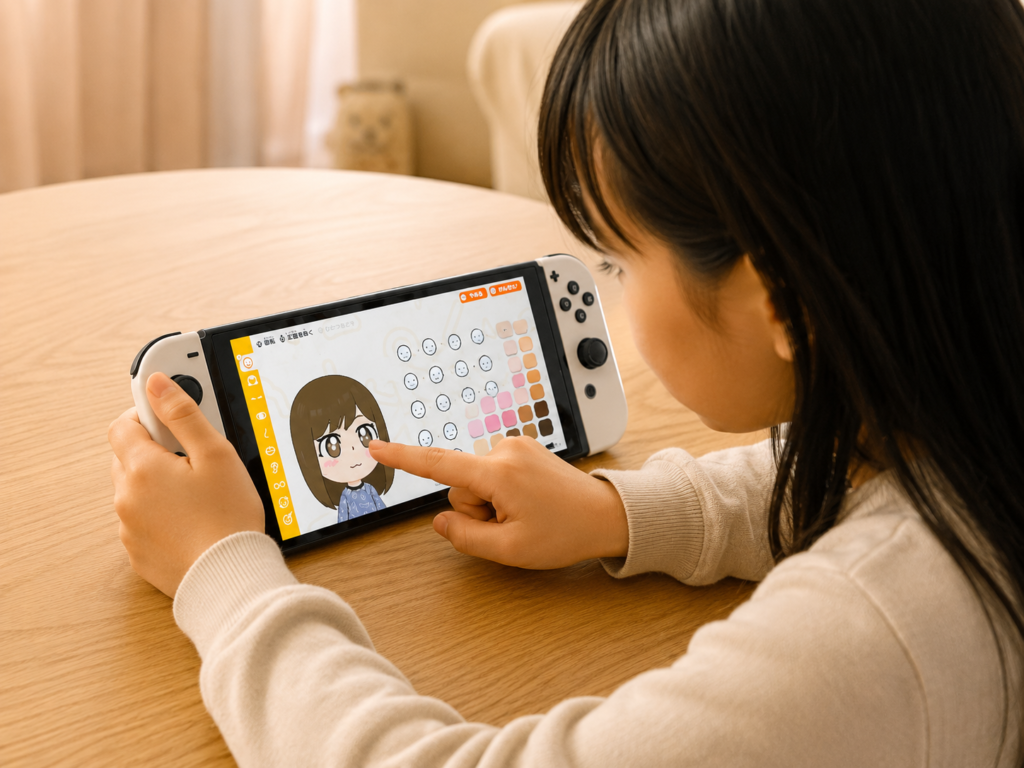 Switch2でトモダチコレクションを遊び、指を使ってフェイスペイントを描こうとしているが苦戦している女の子。