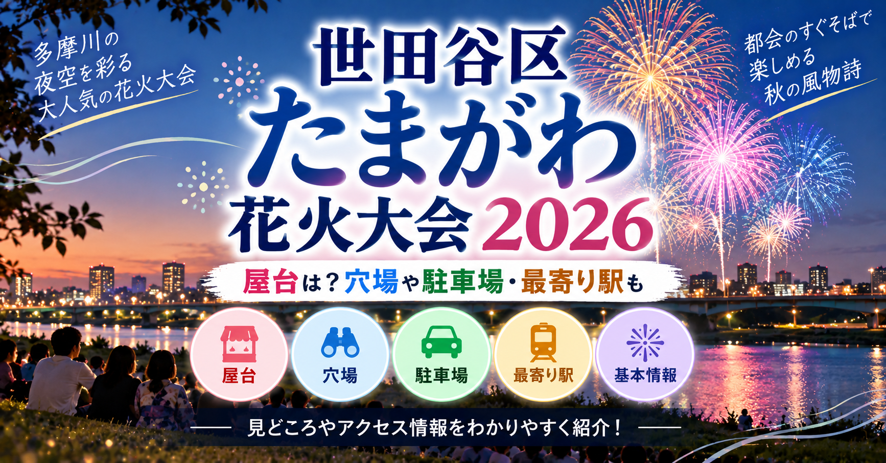 世田谷区たまがわ花火大会の屋台・穴場・駐車場・最寄り駅を紹介するイメージ