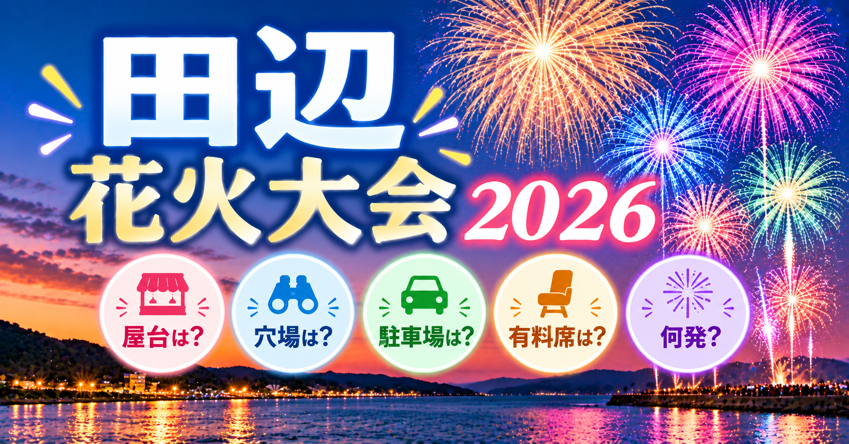 田辺花火大会の屋台・穴場・駐車場・有料席・打ち上げ数について紹介するイメージ