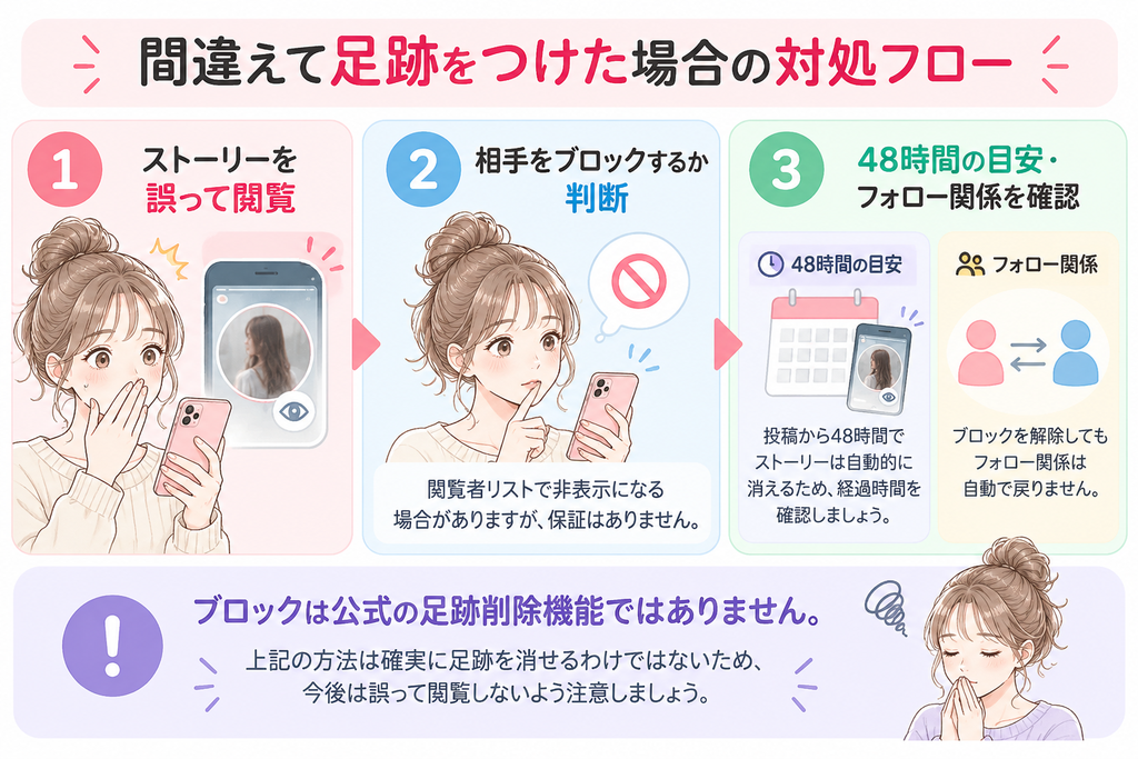 インスタのストーリーに間違えて足跡をつけた場合の対処フロー。相手をブロックする際の注意点や48時間の目安、フォロー関係への影響をイラストで解説
