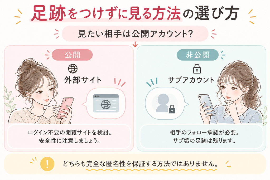 インスタのストーリーに足跡をつけずに見る方法の選び方。公開アカウントは外部サイト、非公開アカウントはサブアカウントを利用する方法と注意点をイラストで解説