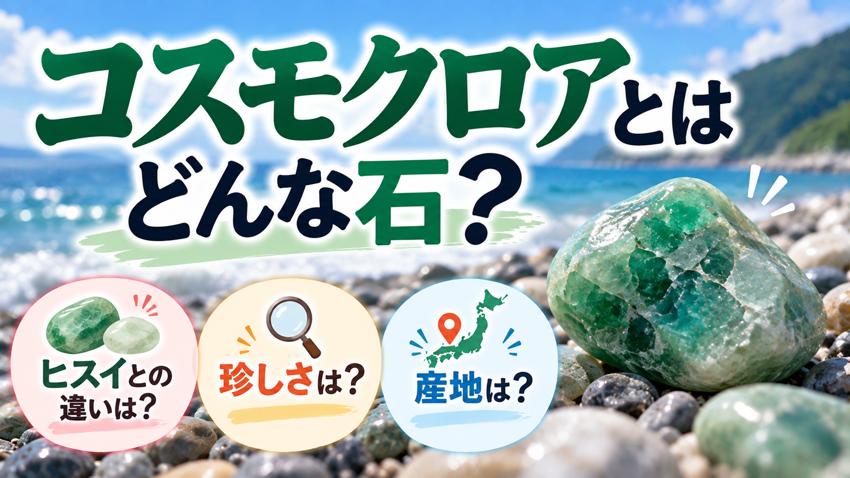 コスモクロアとはどんな石？ヒスイとの違いや珍しさ・特徴・産地について紹介するアイキャッチ画像