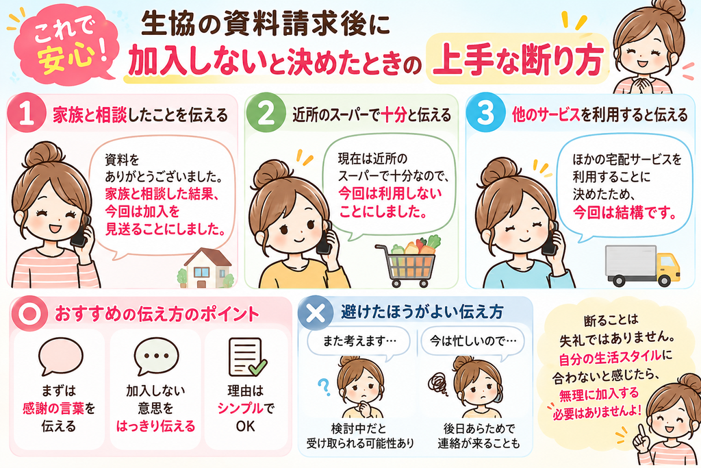 生協の資料請求後に加入しないと決めたときの上手な断り方。家族との相談やスーパーの利用など、具体的な断り方の例と伝え方のポイントをイラストで解説