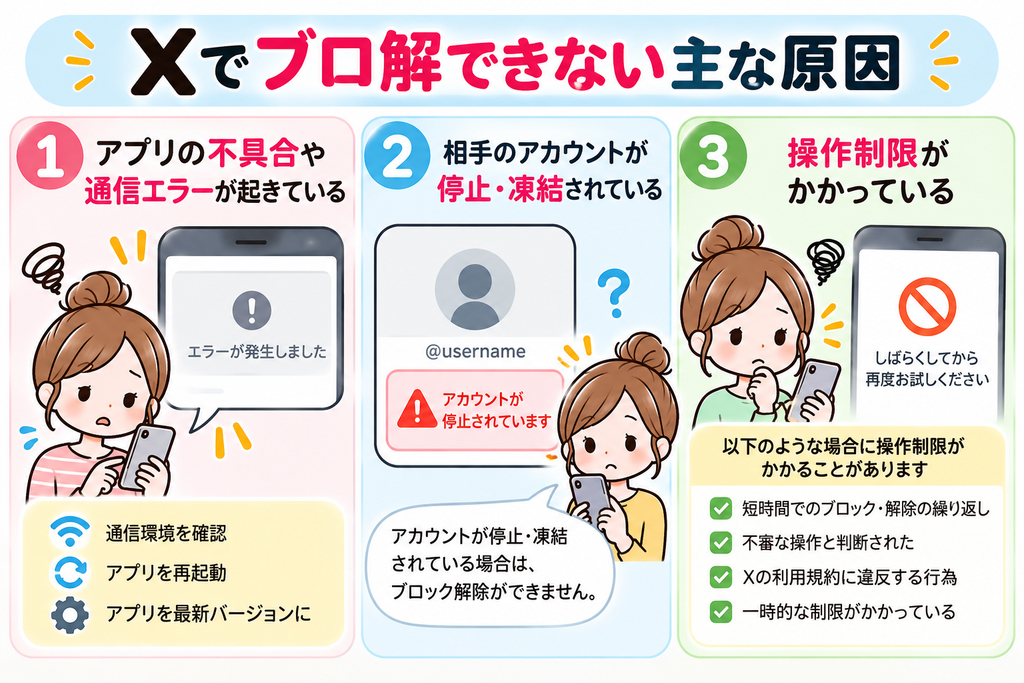 Xでブロ解できない主な原因3つ。アプリの不具合や通信エラー、相手アカウントの停止・凍結、操作制限についてイラストで解説